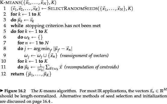 \begin{figure}% latex2html id marker 24504\begin{algorithm}{K-means}{\{\vec{x}......n and initialization are discussed on page \ref{p:seedselection} .}\end{figure}