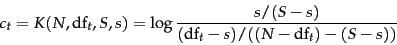 \begin{displaymath}
c_t = K(N,\docf_t,S,s) = \log\frac{s/(S-s)}{(\docf_t-s)/((N-\docf_t)-(S-s))}
\end{displaymath}
