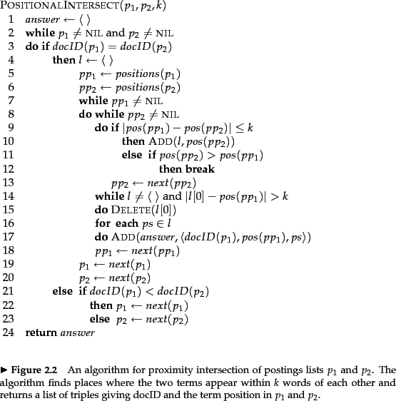 \begin{figure}
% latex2html id marker 2691
\par
\begin{algorithm}{PositionalInte...
...of triples giving docID and the term position
in $p_1$\ and $p_2$.}
\end{figure}