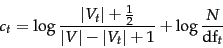 \begin{displaymath}
c_t = \log\frac{\vert V_t\vert+\frac{1}{2}}{\vert V\vert - \vert V_t\vert + 1} + \log\frac{N}{\docf_t}
\end{displaymath}